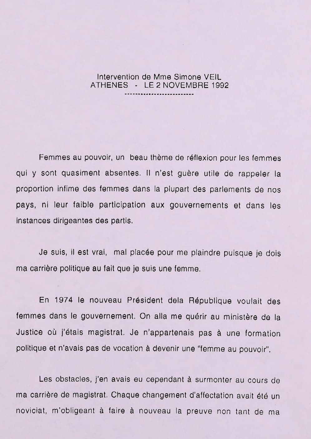 Intervento di Simone Veil alla Conferenza di Atene sulle donne, 1992